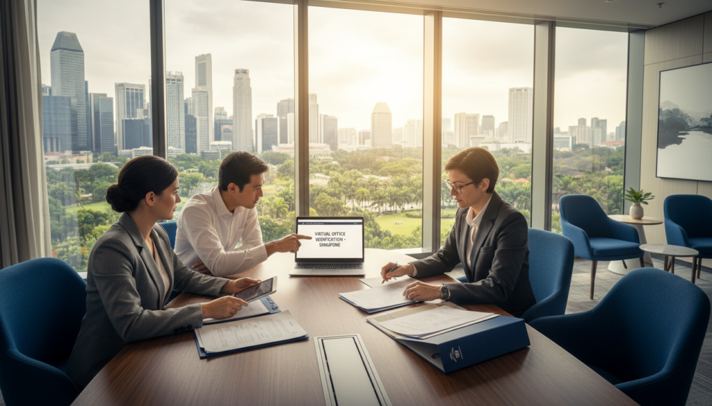 A professional business setting depicting a virtual office verification process in Singapore. In the foreground, a diverse group of three individuals, dressed in smart business attire, are gathered around a sleek, modern conference table, examining a laptop and documents. The middle ground features a large window showcasing a view of Singapore's iconic skyline, blending urban elements with lush greenery. The background includes a contemporary office space with elegant décor, emphasizing professionalism. Soft, natural lighting illuminates the scene, creating a warm and inviting atmosphere. The image captures a mood of trust and diligence, reflecting the importance of verifying legitimate virtual office providers. The angle is slightly elevated, providing depth and focus on the team's collaborative efforts. A professional business setting depicting a virtual office verification process in Singapore. In the foreground, a diverse group of three individuals, dressed in smart business attire, are gathered around a sleek, modern conference table, examining a laptop and documents. The middle ground features a large window showcasing a view of Singapore's iconic skyline, blending urban elements with lush greenery. The background includes a contemporary office space with elegant décor, emphasizing professionalism. Soft, natural lighting illuminates the scene, creating a warm and inviting atmosphere. The image captures a mood of trust and diligence, reflecting the importance of verifying legitimate virtual office providers. The angle is slightly elevated, providing depth and focus on the team's collaborative efforts.