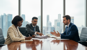 A professional business setting featuring a focused, diverse team of three individuals in formal business attire seated around a polished conference table. In the foreground, a middle-aged South Asian man is pointing at documents, illustrating direction as the resident director. Beside him, a young woman of African descent takes notes, her expression attentive and engaged. A white male in a tailored suit is gesturing, adding to the discussion. In the background, large windows reveal a dazzling Singapore skyline, accentuated by soft, natural daylight illuminating the room. The mood is collaborative and decisive, embodying the essence of leadership and strategic planning in business operations. Shot with a 35mm lens for sharp detail, wide-angle perspective to capture the team dynamics.