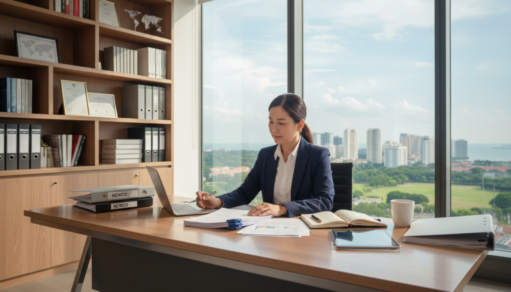 A professional company secretary sitting at a sleek modern desk in an office environment, surrounded by essential items like a laptop, documents, and a planner. In the foreground, the secretary is a middle-aged Asian woman, dressed in a tailored navy blue blazer and crisp white shirt, appearing focused and engaged as she reviews incorporation papers. The middle layer features a large window allowing natural light to flood the room, with a view of Singapore’s skyline, including skyscrapers and greenery. In the background, there are neatly organized shelves with business books and files, enhancing the professional atmosphere. The lighting is bright but soft, creating an inviting and efficient ambiance, emphasizing the importance of organization and professionalism in the startup incorporation process. A professional company secretary sitting at a sleek modern desk in an office environment, surrounded by essential items like a laptop, documents, and a planner. In the foreground, the secretary is a middle-aged Asian woman, dressed in a tailored navy blue blazer and crisp white shirt, appearing focused and engaged as she reviews incorporation papers. The middle layer features a large window allowing natural light to flood the room, with a view of Singapore’s skyline, including skyscrapers and greenery. In the background, there are neatly organized shelves with business books and files, enhancing the professional atmosphere. The lighting is bright but soft, creating an inviting and efficient ambiance, emphasizing the importance of organization and professionalism in the startup incorporation process.