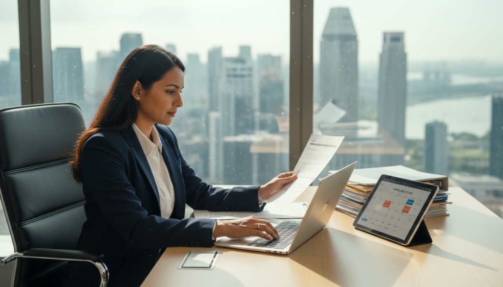 A professional corporate secretary seated at a sleek, modern office desk, reviewing documents and typing on a laptop. The secretary, a South Asian woman in her early 30s, is dressed in a tailored navy blue blazer and a white blouse, exuding confidence and professionalism. In the background, a blurred cityscape of Singapore is visible through a large window, emphasizing the global business environment. Soft, natural light streams in, illuminating the workspace with a warm glow. The foreground features neatly organized files and a digital tablet displaying a calendar, symbolizing ongoing compliance and annual return filing. The mood is focused and efficient, depicting the essence of corporate governance in Singapore.