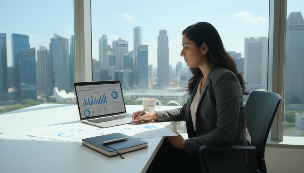 A professional data protection officer seated at a sleek, modern desk in a well-lit office. She is a South Asian woman in her 30s, dressed in smart business attire, with a focused expression as she reviews documents and a laptop displaying analytics and compliance metrics. The foreground showcases the details of her workspace, including a notepad, a pen, and a coffee mug, symbolizing diligence and organization. In the middle ground, a large window lets in natural light, enhancing the clarity of the scene. The background reveals a cityscape of Singapore, hinting at the remote operations theme. The mood is one of professionalism and responsibility, conveying the importance of accountability and compliance in data protection governance. The image is photorealistic and well-composed, shot from a slightly elevated angle.