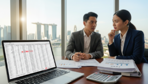 A professional financial setting showcasing a wooden desk with neatly arranged documents titled "Fees" and a calculator. In the foreground, focus on a modern laptop displaying a financial spreadsheet with figures related to bank fees and minimum balances. In the middle ground, a pair of business professionals, a man and a woman, dressed in smart suits, thoughtfully analyzing the documents. They are engaged in discussion, with a soft light illuminating their faces, reflecting a serious yet collaborative atmosphere. The background features a large window with a view of Singapore's skyline, casting natural light into the room. The overall mood conveys professionalism and financial diligence in a contemporary workspace.