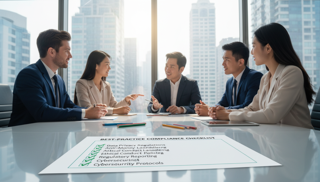 A professional group of diverse business people gathered around a conference table in a modern office setting, reviewing a compliance checklist. In the foreground, a well-organized checklist titled “Best-practice Compliance Checklist” is prominently displayed on the table, filled with checkmarks. In the middle ground, the diverse team, dressed in smart business attire, includes men and women of different descents, actively discussing and pointing at the checklist. The background features large windows showing a city skyline, allowing natural light to flood the room, creating a bright and collaborative atmosphere. The image captures a sense of teamwork and professionalism, with the focus on the importance of compliance in business practices, depicted in photorealistic detail.