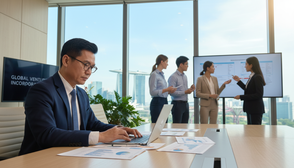 A professional local director seated at a sleek, modern conference table, dressed in sharp business attire, examining documents and a laptop in a vibrant office setting. The foreground features the director, a middle-aged Southeast Asian man with short hair and glasses, focused on the paperwork. The middle ground includes a diverse team of professionals discussing around the table, while a large window in the background reveals a panoramic view of Singapore's skyline, with clear blue skies. Soft, natural light filters through the window, creating an inviting and collaborative atmosphere. The camera angle is slightly above eye level, emphasizing the professionalism and teamwork in the room, highlighting the importance of effective management and incorporation essentials for foreign entrepreneurs.