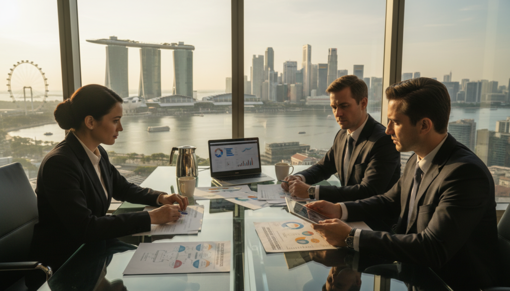 A professional-looking business meeting scene set in an elegant Singapore office with a panoramic view of the city skyline. In the foreground, a diverse group of three professionals—two men and one woman—are engaged in a discussion over financial documents related to taxation on foreign-sourced disposal gains. The individuals are dressed in business attire, reflecting a serious yet collaborative mood. In the middle ground, there's a large glass table with papers, a laptop displaying charts, and a coffee pot. The background features large windows revealing the iconic Marina Bay Sands and the bustling cityscape bathed in soft, natural morning light. The scene conveys a sense of urgency and focus on economic substance and compliance. The image should be in photorealistic quality with a slightly elevated camera angle.