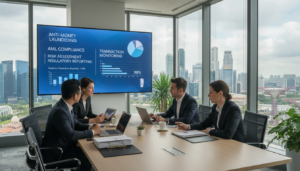 A professional, modern office environment depicting the essence of Singapore's anti-money laundering compliance. In the foreground, a diverse group of business professionals in formal attire, engaged in a discussion around a sleek conference table with laptops and compliance documents. The middle section features a large digital screen displaying key compliance concepts and statistics, emphasizing clarity and focus. In the background, the skyline of Singapore is visible through large windows, symbolizing a progressive business landscape. Soft, natural lighting from the windows creates a bright and professional atmosphere, enhancing the mood of diligence and responsibility. The composition is shot from a slightly elevated angle to capture the collaboration and seriousness of the subject matter.