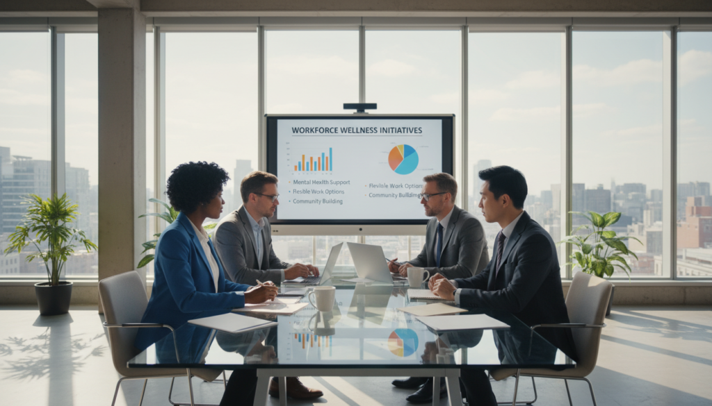 A professional, modern office environment, emphasizing people-first HR measures. In the foreground, a diverse group of three employees—two men and one woman—discussing strategies at a conference table filled with documents and digital devices, all dressed in smart business attire. The middle layer highlights a whiteboard with graphs and charts illustrating workforce wellness initiatives. In the background, large windows allow natural light to flood the room, creating an inviting atmosphere. Soft shadows enhance the photorealistic quality of the scene, while the warm color palette evokes a sense of collaboration and support. Overall, the image captures the essence of nurturing a resilient workforce amid medical and workforce disruptions.