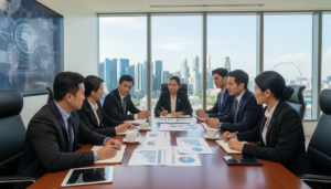 A professional office environment illustrating the concept of withholding tax in Singapore for cross-border payments. In the foreground, a diverse group of business professionals, dressed in formal attire, is engaged in a discussion around a large table with financial documents and charts. The middle layer features a large window showing the Singapore skyline, with iconic buildings reflecting the city’s modernity. The background contains subtle elements of tax-related imagery, such as a globe and currency notes artistically arranged. The lighting is bright and natural, creating a focus on the subjects at the table, using a slightly angled perspective to capture the depth of the room. The atmosphere is one of serious professionalism and collaboration, emphasizing financial expertise.