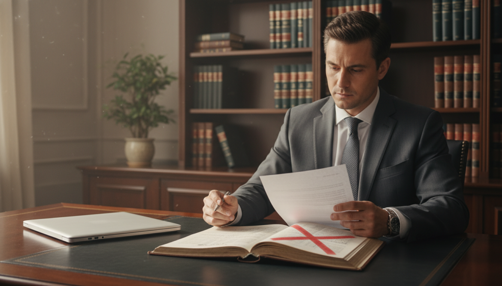 A professional office environment showcasing a large wooden desk with a closed laptop and an open register book, its pages marked with a red "X" to indicate removal. In the foreground, a business professional in smart attire, a suit and tie, is reviewing a document with a focused expression, embodying the concept of striking off a company. The middle ground features an elegant bookshelf filled with legal books and a small potted plant, adding a touch of greenery. The background includes a softly blurred window with natural light streaming in, creating a warm, inviting atmosphere. The overall mood conveys an air of finality and professionalism, with a photorealistic finish that emphasizes clarity and detail. A professional office environment showcasing a large wooden desk with a closed laptop and an open register book, its pages marked with a red "X" to indicate removal. In the foreground, a business professional in smart attire, a suit and tie, is reviewing a document with a focused expression, embodying the concept of striking off a company. The middle ground features an elegant bookshelf filled with legal books and a small potted plant, adding a touch of greenery. The background includes a softly blurred window with natural light streaming in, creating a warm, inviting atmosphere. The overall mood conveys an air of finality and professionalism, with a photorealistic finish that emphasizes clarity and detail.