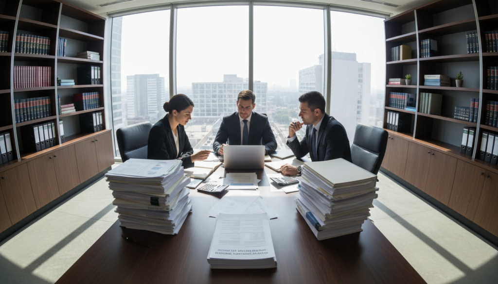 A professional office environment showcasing the concept of "Income Tax Advance Rulings" with a focus on economic substance. In the foreground, a diverse group of three business professionals, dressed in formal business attire, are engaged in a discussion around a large table cluttered with stacks of documents, calculators, and a laptop. In the middle ground, a large window allows natural light to stream in, illuminating the space and casting soft shadows. In the background, a modern bookshelf lined with legal textbooks and binders reflects a theme of diligence and expertise. The mood is serious yet collaborative, with an emphasis on the importance of compliance and regulation. The image should be captured with a wide-angle lens, enhancing the depth and perspective of the office setting while maintaining a photorealistic quality.