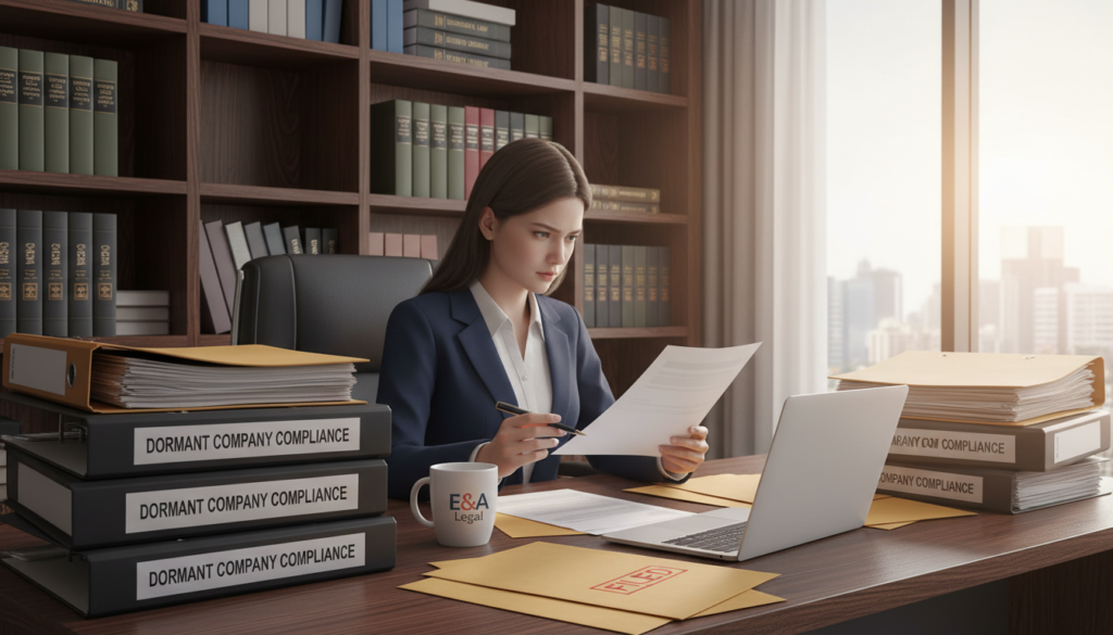 A professional office environment where a businesswoman in business attire is filing compliance records for a dormant company. In the foreground, a neatly organized desk features stacks of paperwork, a laptop, and a coffee mug. The middle ground shows the woman diligently reviewing documents, with a focused expression on her face. The background includes a bookshelf filled with legal books and a large window that lets in natural light, creating a bright and inviting atmosphere. The lighting is soft, emphasizing the professionalism of the scene. The angle is slightly above eye level, capturing both the woman and the workspace effectively. The overall mood is one of diligence and responsibility, reflecting ongoing compliance obligations.