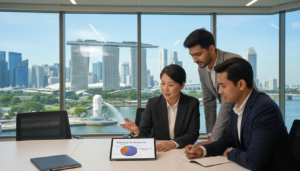 A professional office setting depicting a diverse group of businesspeople engaged in a discussion about withholding tax in Singapore. In the foreground, a middle-aged Asian woman in business attire points to a digital tablet displaying a pie chart of tax allocations, while a young Indian man looks on attentively, taking notes. The middle layer features a large window with a view of Singapore’s iconic skyline, including Marina Bay Sands and the Merlion. The background shows a modern conference room with a sleek design, bright overhead lighting creating a welcoming atmosphere. The lens captures the scene from a mid-angle perspective, reflecting a collaborative and focused mood, highlighting the importance of understanding withholding tax and its impact on financial transactions.