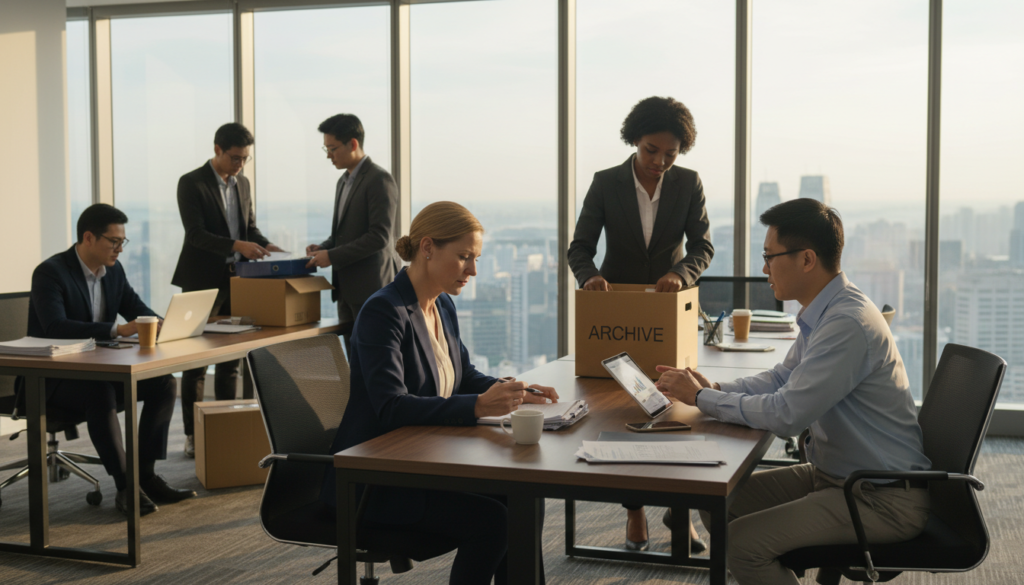 A professional office setting featuring a diverse group of business individuals in professional attire engaged in final operational tasks to wind down a company. In the foreground, a middle-aged Caucasian woman is reviewing paperwork at a sleek, modern desk, while an Asian man sits across from her, discussing financial reports. In the middle ground, a young Black woman is packing documents into a box, symbolizing the end of an era. The background showcases glass windows with a view of Singapore's skyline, bathed in soft afternoon sunlight, casting a warm glow in the room. The atmosphere is one of focused determination and closure, emphasizing a respectful farewell to the business. The image is captured from a slightly elevated angle to create depth, enhancing the sense of productivity and organization without clutter. A professional office setting featuring a diverse group of business individuals in professional attire engaged in final operational tasks to wind down a company. In the foreground, a middle-aged Caucasian woman is reviewing paperwork at a sleek, modern desk, while an Asian man sits across from her, discussing financial reports. In the middle ground, a young Black woman is packing documents into a box, symbolizing the end of an era. The background showcases glass windows with a view of Singapore's skyline, bathed in soft afternoon sunlight, casting a warm glow in the room. The atmosphere is one of focused determination and closure, emphasizing a respectful farewell to the business. The image is captured from a slightly elevated angle to create depth, enhancing the sense of productivity and organization without clutter.