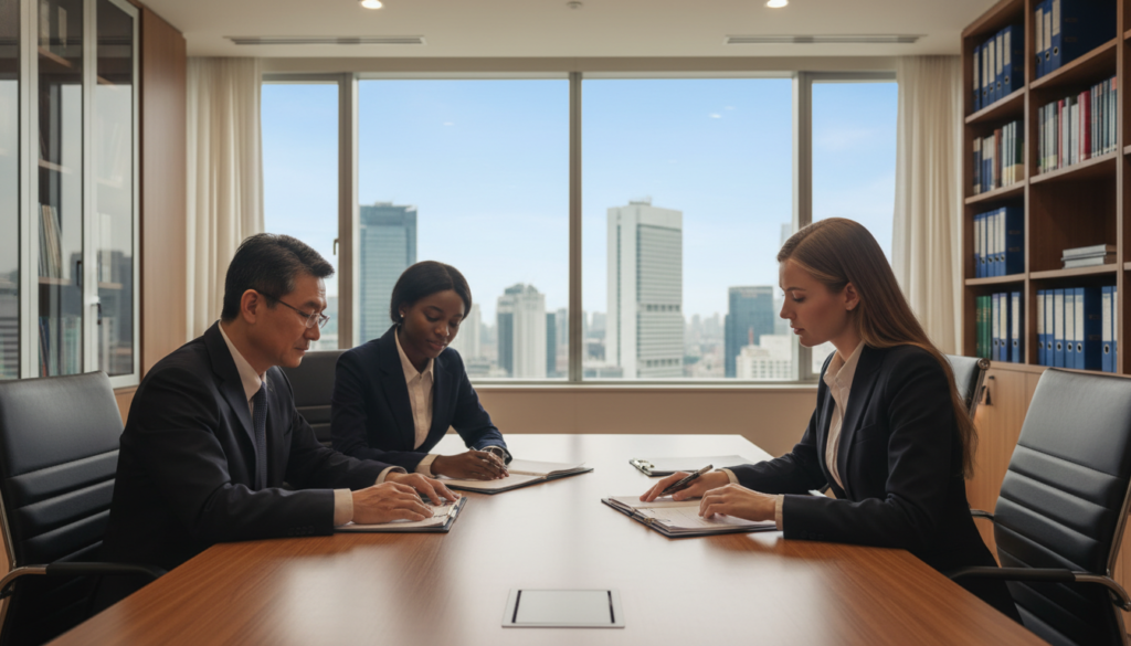 A professional office setting filled with warm lighting to convey a sense of focus and collaboration. In the foreground, a diverse group of three business professionals, a middle-aged Asian man, a young Black woman, and a Caucasian woman, all dressed in formal business attire, are engaged in a discussion around a large wooden conference table. They are reviewing legal documents related to company incorporation requirements, showcasing a sense of cooperation and determination. The middle area features a large window with a view of Singapore's skyline, with modern skyscrapers under a bright blue sky, adding context to the scene. In the background, shelves lined with legal books and documents enhance the atmosphere of professionalism and seriousness. The image should evoke a mood of ambition and opportunity, perfectly encapsulating the essence of foreign shareholder incorporation in Singapore. A professional office setting filled with warm lighting to convey a sense of focus and collaboration. In the foreground, a diverse group of three business professionals, a middle-aged Asian man, a young Black woman, and a Caucasian woman, all dressed in formal business attire, are engaged in a discussion around a large wooden conference table. They are reviewing legal documents related to company incorporation requirements, showcasing a sense of cooperation and determination. The middle area features a large window with a view of Singapore's skyline, with modern skyscrapers under a bright blue sky, adding context to the scene. In the background, shelves lined with legal books and documents enhance the atmosphere of professionalism and seriousness. The image should evoke a mood of ambition and opportunity, perfectly encapsulating the essence of foreign shareholder incorporation in Singapore.