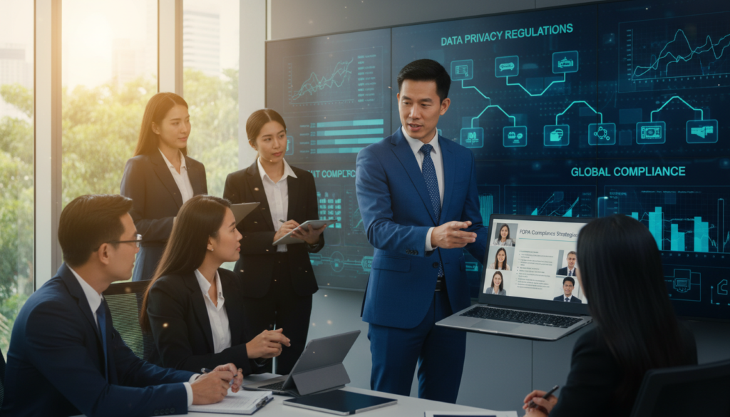 A professional office setting in Singapore, featuring a diverse group of business professionals in smart business attire engaged in a virtual meeting. The foreground shows a confident Asian male vendor manager, discussing PDPA compliance strategies with remote BPO partners on a high-tech laptop. A large screen in the background displays compliance charts and digital data flow diagrams, symbolizing data protection and privacy regulations. Soft, natural lighting filters through a large window, casting a warm, focused light on the scene. The atmosphere conveys professionalism, collaboration, and a commitment to rigorous data compliance in remote operations, with hints of greenery visible outside the window. The camera angle is slightly elevated, capturing both the participants and the technological elements effectively.