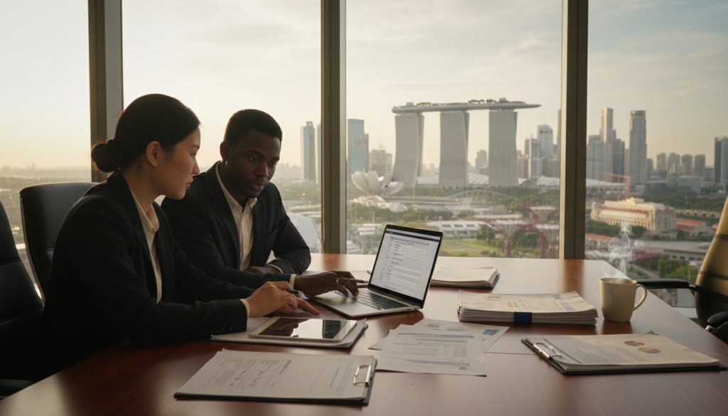 A professional office setting with a focus on company registration. In the foreground, a diverse group of professionals in smart business attire — an Asian woman, a Black man, and a Caucasian woman — are engaged in a discussion around a laptop displaying company registration forms. The middle ground features a stylish wooden conference table cluttered with paperwork, a tablet, and a coffee cup, creating an atmosphere of productivity. In the background, a window reveals a panoramic view of Singapore's skyline, with iconic buildings softly lit by the afternoon sun. The lighting is bright yet warm, casting gentle shadows. The mood is focused and collaborative, conveying a sense of professionalism and efficiency in the company registration process. A professional office setting with a focus on company registration. In the foreground, a diverse group of professionals in smart business attire — an Asian woman, a Black man, and a Caucasian woman — are engaged in a discussion around a laptop displaying company registration forms. The middle ground features a stylish wooden conference table cluttered with paperwork, a tablet, and a coffee cup, creating an atmosphere of productivity. In the background, a window reveals a panoramic view of Singapore's skyline, with iconic buildings softly lit by the afternoon sun. The lighting is bright yet warm, casting gentle shadows. The mood is focused and collaborative, conveying a sense of professionalism and efficiency in the company registration process.