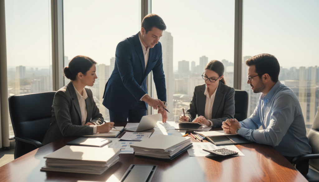 A professional office setting with a large wooden conference table in the foreground, covered with organized financial documents, a laptop, and a calculator. In the middle ground, a diverse group of four business professionals—two men and two women—dressed in smart business attire, engaged in a focused discussion. One is pointing at a financial report while others are taking notes, showcasing preparation and teamwork. In the background, a large window lets in natural light, casting soft shadows and creating a bright, optimistic atmosphere. The lighting is warm and inviting, emphasizing a mood of confidence and readiness. The camera angle is slightly elevated, capturing the scene with a wide perspective to convey a sense of collaboration and strategic planning in audit readiness. A professional office setting with a large wooden conference table in the foreground, covered with organized financial documents, a laptop, and a calculator. In the middle ground, a diverse group of four business professionals—two men and two women—dressed in smart business attire, engaged in a focused discussion. One is pointing at a financial report while others are taking notes, showcasing preparation and teamwork. In the background, a large window lets in natural light, casting soft shadows and creating a bright, optimistic atmosphere. The lighting is warm and inviting, emphasizing a mood of confidence and readiness. The camera angle is slightly elevated, capturing the scene with a wide perspective to convey a sense of collaboration and strategic planning in audit readiness.