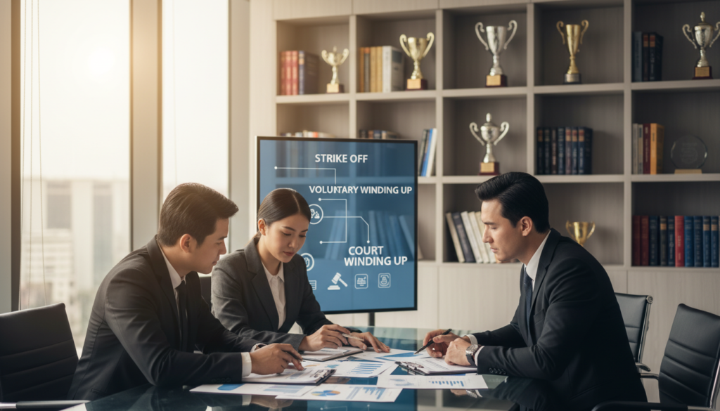 A professional office setting with a striking modern conference room bathed in natural light coming from large windows. In the foreground, a diverse group of three business professionals, two men and one woman, dressed in formal business attire, are intently discussing documents laid out on a sleek glass table, illustrating the concept of company closure. In the middle ground, a digital screen displays three clear pathways labeled “Strike Off,” “Voluntary Winding Up,” and “Court Winding Up” in a visually engaging manner. The background features shelves filled with corporate awards and books on business law, creating an atmosphere of professionalism and focus. The mood is serious yet collaborative, captured with a shallow depth of field, using soft lighting to enhance the clarity of expressions and details. A professional office setting with a striking modern conference room bathed in natural light coming from large windows. In the foreground, a diverse group of three business professionals, two men and one woman, dressed in formal business attire, are intently discussing documents laid out on a sleek glass table, illustrating the concept of company closure. In the middle ground, a digital screen displays three clear pathways labeled “Strike Off,” “Voluntary Winding Up,” and “Court Winding Up” in a visually engaging manner. The background features shelves filled with corporate awards and books on business law, creating an atmosphere of professionalism and focus. The mood is serious yet collaborative, captured with a shallow depth of field, using soft lighting to enhance the clarity of expressions and details.