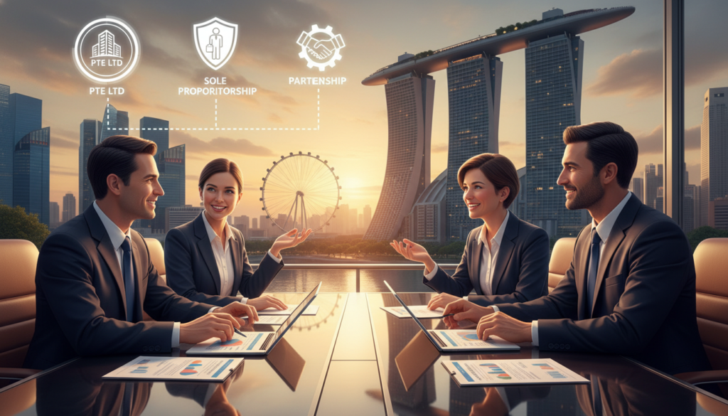 A professional, photorealistic illustration depicting various business entity options for foreign entrepreneurs in Singapore. In the foreground, showcase a diverse group of business professionals in smart business attire, discussing animatedly at a sleek conference table, with documents and digital tablets on display. In the middle ground, represent different business entity types visually, like a limited liability company and a sole proprietorship, using symbolic icons or illustrations. The background features a panoramic view of Singapore's modern skyline, with iconic structures like Marina Bay Sands and the Singapore Flyer visible. Opt for warm, inviting lighting that conveys a productive and hopeful atmosphere, with a focus on collaboration and opportunity, shot from a slightly elevated angle to capture the dynamic scene. A professional, photorealistic illustration depicting various business entity options for foreign entrepreneurs in Singapore. In the foreground, showcase a diverse group of business professionals in smart business attire, discussing animatedly at a sleek conference table, with documents and digital tablets on display. In the middle ground, represent different business entity types visually, like a limited liability company and a sole proprietorship, using symbolic icons or illustrations. The background features a panoramic view of Singapore's modern skyline, with iconic structures like Marina Bay Sands and the Singapore Flyer visible. Opt for warm, inviting lighting that conveys a productive and hopeful atmosphere, with a focus on collaboration and opportunity, shot from a slightly elevated angle to capture the dynamic scene.
