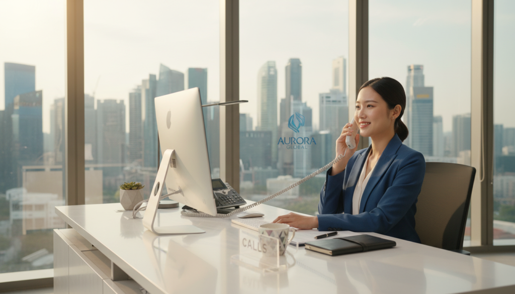 A professional receptionist in a modern office environment, sitting at a sleek desk with a high-end telephone and computer, expertly handling calls. The foreground features the receptionist, a young Asian woman in business attire, focused and smiling confidently. In the middle, a stylish, organized workspace with paperwork and a decorative plant adds to the ambiance. The background reveals a contemporary office space with glass walls showcasing a bustling cityscape of Singapore. Soft, natural lighting filters through the windows, accentuating the warmth and professionalism of the scene. The atmosphere feels efficient yet welcoming, embodying the spirit of excellent call handling that protects and enhances the brand's image.