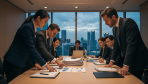 A professional setting showcasing a diverse group of business people engaged in a strategic discussion about restricted business activities in Singapore. In the foreground, two professionals in smart business attire—one Asian and one Caucasian—are studying a document together, pointing to specific clauses. In the middle ground, a well-organized conference table holds various business materials, like reports and laptops, under soft, ambient lighting that creates a focused atmosphere. The background features a large window displaying the Singapore skyline, hinting at modernity and economic activity. The scene captures a sense of collaboration and attentiveness, with a warm color palette that enhances the welcoming vibe of a corporate environment. No text or additional elements should distract from the professionalism of the setting.