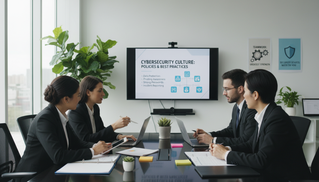 A professional training session on cybersecurity culture in a modern office space. In the foreground, a diverse group of four employees, dressed in smart business attire, actively engaged in discussion, surrounded by training materials and digital devices. In the middle ground, a large screen displays a graphical presentation about cybersecurity policies and best practices. The background features a contemporary office design with large windows providing natural light, green plants for a welcoming atmosphere, and posters emphasizing teamwork and security awareness. The lighting is bright yet soft, enhancing the focus on the participants. The mood is collaborative and serious, reflecting the importance of cybersecurity training in the workplace.