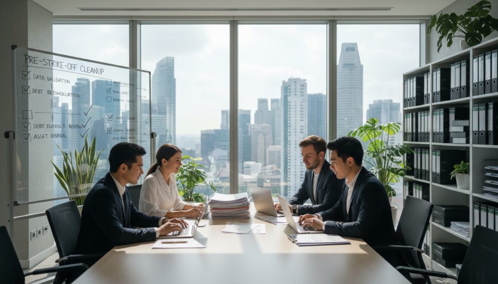 A professional workspace focused on pre-application clean-up for business processes in Singapore. In the foreground, a diverse group of three professionals in business attire—two men and one woman—collaborates around a sleek conference table with laptops, documents, and a whiteboard filled with checklists. The middle ground features a large window with natural light streaming in, showcasing a modern cityscape outside, symbolizing growth and opportunity. In the background, shelves filled with neatly organized files and office plants add a touch of green. The atmosphere is positive and focused, conveying diligence and preparation. The image captures a sense of urgency and professionalism, ideal for illustrating the importance of thorough clean-up before the strike-off process. Bright, soft lighting enhances clarity and creates a vibrant mood, emphasizing teamwork and careful planning. A professional workspace focused on pre-application clean-up for business processes in Singapore. In the foreground, a diverse group of three professionals in business attire—two men and one woman—collaborates around a sleek conference table with laptops, documents, and a whiteboard filled with checklists. The middle ground features a large window with natural light streaming in, showcasing a modern cityscape outside, symbolizing growth and opportunity. In the background, shelves filled with neatly organized files and office plants add a touch of green. The atmosphere is positive and focused, conveying diligence and preparation. The image captures a sense of urgency and professionalism, ideal for illustrating the importance of thorough clean-up before the strike-off process. Bright, soft lighting enhances clarity and creates a vibrant mood, emphasizing teamwork and careful planning.