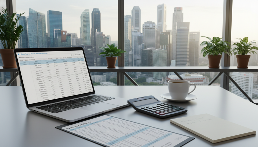A serene office environment highlighting the concept of "minimum balance." In the foreground, a stylish desktop with a sleek laptop displaying financial graphs and a bank statement, symbolizing cash flow management. A modern calculator, notepad, and a cup of coffee are present for a professional atmosphere. In the middle ground, a large window reveals a view of Singapore's skyline, with tall buildings reflecting the morning sunlight, fostering a sense of growth and opportunity. The background features subtle decorative plants, adding a touch of tranquility. The lighting is bright yet soft, creating an inviting and focused ambiance that speaks to financial diligence and responsibility. The image conveys professionalism and clarity, emphasizing the importance of managing minimum balances effectively.