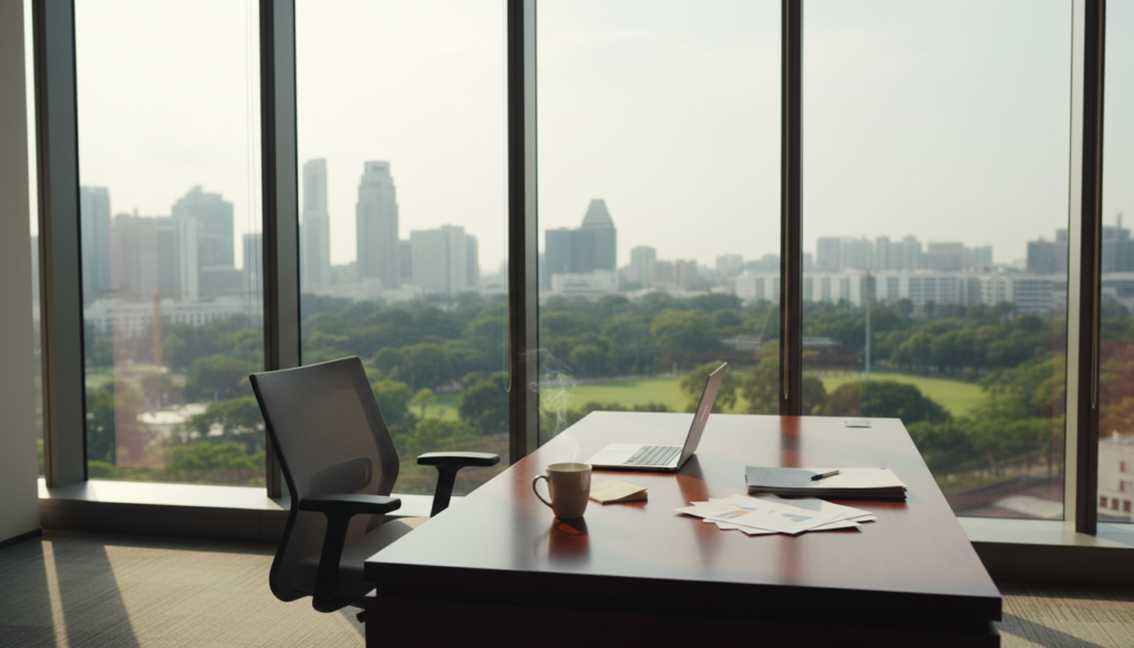 A serene, photorealistic office environment symbolizing a dormant company in Singapore. In the foreground, a polished wooden desk is neatly organized with a closed laptop, a steaming cup of coffee, and a few scattered papers. The middle ground features an elegant office chair pushed slightly away from the desk, hinting at inactivity. In the background, large windows allow soft natural light to filter in, casting gentle shadows across the room. The view outside shows the iconic skyline of Singapore, with buildings partially obscured by green foliage from a nearby park. The overall atmosphere conveys a sense of calm and stillness, representing the concept of dormancy in the business world. The image should be taken from a slight angle to enhance depth and perspective.