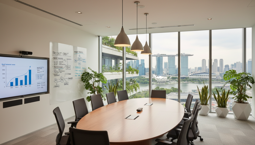 A sleek and modern meeting room designed for a professional atmosphere, featuring a large oval wooden conference table surrounded by high-backed ergonomic chairs. The foreground showcases a digital display screen mounted on the wall, alongside a whiteboard filled with notes and charts. In the middle, stylish pendant lights cast a warm glow, illuminating the polished glass windows that provide a stunning view of the Singapore skyline in the background, integrating greenery for a refreshing vibe. The room is adorned with potted plants, adding a touch of nature. The atmosphere is collaborative and focused, evoking a sense of productivity and professionalism, with soft natural lighting creating an inviting environment. Capture this scene from a slightly elevated angle to emphasize the spaciousness and layout without human subjects.