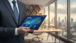 A sleek, modern digital banking interface displayed on a tablet held by a professional in business attire, focusing on sophisticated graphs and charts representing financial growth and transactions. The foreground features a close-up of the tablet's screen, showcasing vibrant colors and intuitive design elements that highlight digital banking features. The middle ground includes a stylish office environment with contemporary furnishings, framed by large windows allowing natural light to flood the space. In the background, a cityscape of Singapore's skyline is visible, suggesting a blend of innovation and finance. The atmosphere is one of modernity and efficiency, with warm lighting casting a professional yet inviting ambiance. The scene should evoke a sense of trust and reliability in digital banking solutions for consumers and SMEs.