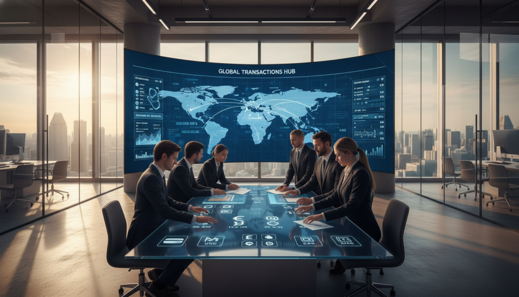 A sleek, modern office environment featuring a multi-currency payments platform. In the foreground, a diverse group of professionals, dressed in smart business attire, collaborate around a high-tech digital interface displaying various global currencies and payment options. In the middle ground, a large screen showcases a world map with currency symbols and transaction data flowing in real-time. The background highlights tall glass windows with a panoramic view of Singapore's skyline, bathed in warm, natural light, creating a productive atmosphere. The scene captures a sense of innovation and efficiency in global transactions, emphasizing the importance of multi-currency operations in modern finance. The overall mood is dynamic and forward-thinking, ideal for a financial technology feature. A sleek, modern office environment featuring a multi-currency payments platform. In the foreground, a diverse group of professionals, dressed in smart business attire, collaborate around a high-tech digital interface displaying various global currencies and payment options. In the middle ground, a large screen showcases a world map with currency symbols and transaction data flowing in real-time. The background highlights tall glass windows with a panoramic view of Singapore's skyline, bathed in warm, natural light, creating a productive atmosphere. The scene captures a sense of innovation and efficiency in global transactions, emphasizing the importance of multi-currency operations in modern finance. The overall mood is dynamic and forward-thinking, ideal for a financial technology feature.