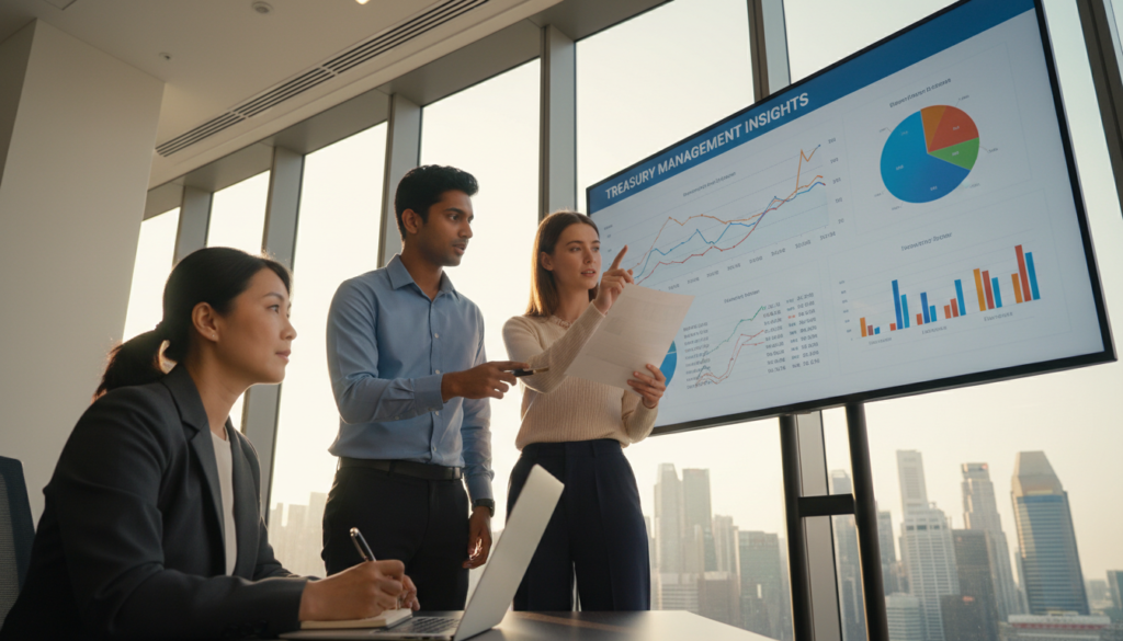 A sleek, modern office setting featuring a professional business setting with a diverse group of three individuals engrossed in analyzing financial reports on a large digital screen. In the foreground, a middle-aged Asian woman in a business suit takes notes, with a laptop open next to her. In the middle, a young Indian man gestures towards a colorful chart on the screen, while a young Caucasian woman, dressed in a smart casual outfit, points out trends in a printed report. The background showcases glass walls with a view of Singapore's skyline, bathed in warm afternoon light. The atmosphere conveys collaboration and strategic decision-making, highlighting the importance of effective reporting in treasury management. The image should be vibrant and photorealistic, captured from a low angle to emphasize the dynamic discussions. A sleek, modern office setting featuring a professional business setting with a diverse group of three individuals engrossed in analyzing financial reports on a large digital screen. In the foreground, a middle-aged Asian woman in a business suit takes notes, with a laptop open next to her. In the middle, a young Indian man gestures towards a colorful chart on the screen, while a young Caucasian woman, dressed in a smart casual outfit, points out trends in a printed report. The background showcases glass walls with a view of Singapore's skyline, bathed in warm afternoon light. The atmosphere conveys collaboration and strategic decision-making, highlighting the importance of effective reporting in treasury management. The image should be vibrant and photorealistic, captured from a low angle to emphasize the dynamic discussions.