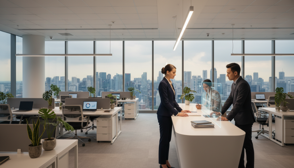 A sleek, modern virtual office environment in Singapore, featuring a stylish reception area with a minimalist design. In the foreground, a professional businesswoman dressed in a tailored suit stands confidently, engaged in a discussion with a client at a contemporary desk. The middle ground showcases a bright, organized workspace with laptops, documents, and office plants contributing to a vibrant ambiance. In the background, large glass windows reveal a city skyline bathed in soft, natural light, creating an open and inviting atmosphere. The image is illuminated by warm, artificial lighting for a welcoming effect, captured from a slightly elevated angle to emphasize the spacious layout and the professionalism of the setting. The overall mood is one of efficiency and modernity, reflecting a top-tier virtual office experience. A sleek, modern virtual office environment in Singapore, featuring a stylish reception area with a minimalist design. In the foreground, a professional businesswoman dressed in a tailored suit stands confidently, engaged in a discussion with a client at a contemporary desk. The middle ground showcases a bright, organized workspace with laptops, documents, and office plants contributing to a vibrant ambiance. In the background, large glass windows reveal a city skyline bathed in soft, natural light, creating an open and inviting atmosphere. The image is illuminated by warm, artificial lighting for a welcoming effect, captured from a slightly elevated angle to emphasize the spacious layout and the professionalism of the setting. The overall mood is one of efficiency and modernity, reflecting a top-tier virtual office experience.