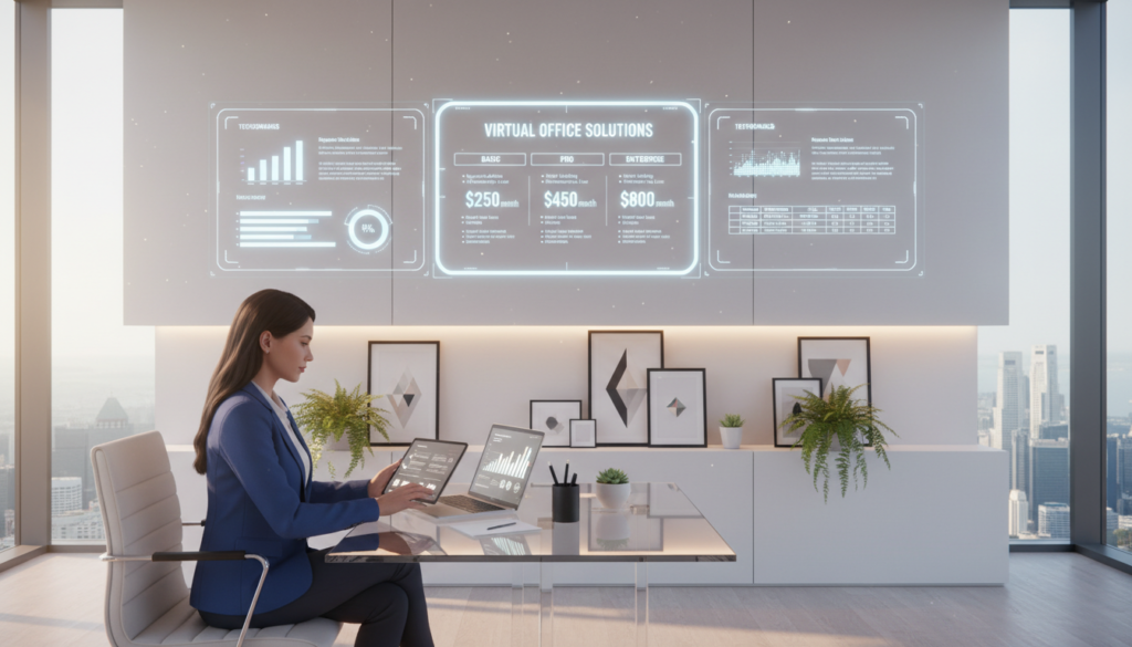 A sleek, modern virtual office setup in Singapore, showcasing various pricing options displayed on stylish digital screens. In the foreground, a professional woman in business attire studies a tablet with pricing charts, while a clear glass desk holds a laptop and stationery. In the middle ground, a visually appealing arrangement of framed artworks and greenery enhances the office ambiance. The background features a panoramic view of Singapore's skyline through large windows, under soft, natural lighting that creates a warm and inviting atmosphere. The mood is focused yet relaxed, ideal for productivity and decision-making regarding virtual office solutions. Photorealistic, with attention to detail in textures and lighting. A sleek, modern virtual office setup in Singapore, showcasing various pricing options displayed on stylish digital screens. In the foreground, a professional woman in business attire studies a tablet with pricing charts, while a clear glass desk holds a laptop and stationery. In the middle ground, a visually appealing arrangement of framed artworks and greenery enhances the office ambiance. The background features a panoramic view of Singapore's skyline through large windows, under soft, natural lighting that creates a warm and inviting atmosphere. The mood is focused yet relaxed, ideal for productivity and decision-making regarding virtual office solutions. Photorealistic, with attention to detail in textures and lighting.