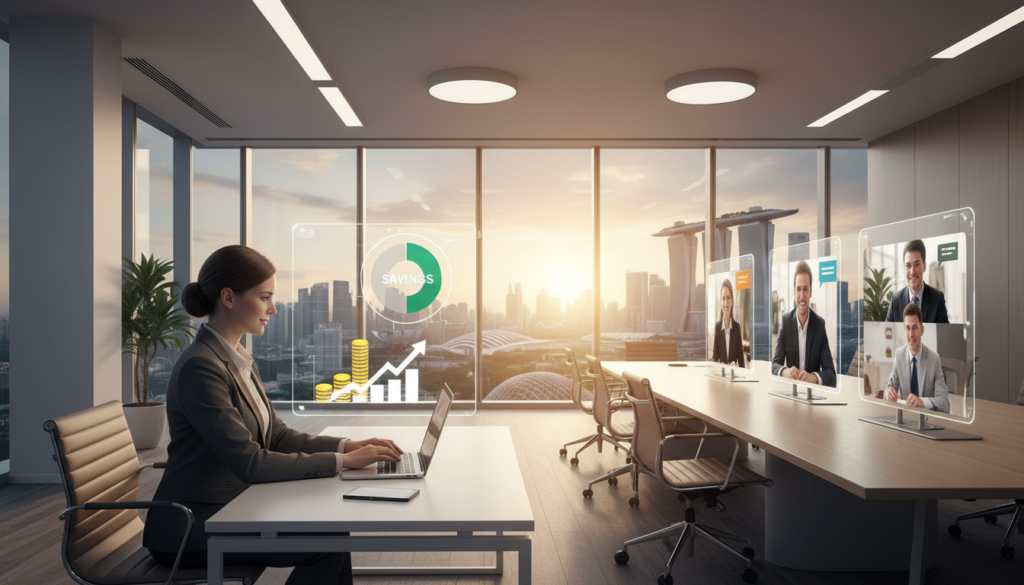 A spacious, modern office environment illustrating cost savings through virtual solutions. In the foreground, a confident businesswoman in professional attire works on a sleek laptop at a minimalist desk, surrounded by digital symbols of savings, like stacked coins and a pie chart. In the middle ground, a contemporary conference table with virtual meeting screens displaying colleagues in business attire engaged in remote discussions. The background features large windows with a view of Singapore's skyline, bathed in warm, natural light that creates an inviting atmosphere. The setting is bright and airy, with a focus on professionalism and efficiency, showcasing the benefits of virtual offices without any clutter or distractions. Photorealistic detail captures the essence of modern business solutions.