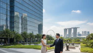A stunning view of a prestigious business address in Singapore, showcasing a sleek, modern high-rise building adorned with glass façades reflecting the skyline. In the foreground, a well-dressed professional man and woman shake hands, both in sharp business attire, embodying a sense of collaboration and success. The middle ground features lush landscaping and contemporary outdoor seating areas, creating an inviting atmosphere for clients and partners. In the background, the iconic Marina Bay Sands and the Singapore Flyer can be subtly seen, enhancing the urban prestige. The lighting is bright and inviting, with a clear blue sky overhead, captured in a slightly elevated angle to emphasize the grandeur of the setting. The overall mood is sophisticated and dynamic, aimed at illustrating a prime location for business activities.