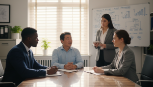 A team of three field audit officers conducting an interview in a well-lit office environment. In the foreground, a diverse male and female officer, both dressed in professional business attire, are engaged in discussion with a client seated across the table, looking attentive and cooperative. The middle ground features a large window with blinds partially drawn, allowing natural light to flood the room, adding a warm yet professional atmosphere. In the background, a wall with a whiteboard displaying charts and graphs relevant to the audit process emphasizes the business context. The overall scene evokes a sense of professionalism, clarity, and focused collaboration, captured from a slightly elevated angle to provide a clear view of both the officers and the client.