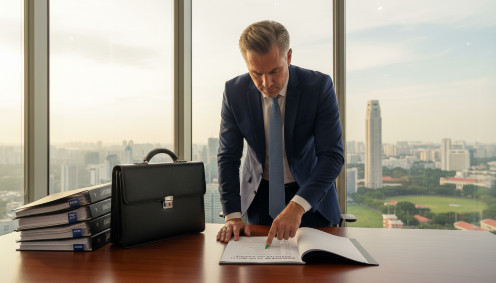 A visually engaging image depicting an eligibility checklist for striking off a company in Singapore, framed in a professional office environment. In the foreground, a sleek, modern desk with a polished wood finish features an open checklist document with visible ticked boxes. Beside it, a neatly organized stack of legal documents and a business briefcase suggest a sense of organization and compliance. In the middle, a thoughtful business professional dressed in a smart suit analyzes the checklist, exhibiting a look of determination. Behind them, a large window reveals a city skyline, bathed in soft, warm daylight that enhances a motivated atmosphere. The whole scene is captured using a wide-angle lens to evoke a sense of depth and professionalism, creating a photorealistic style that highlights the importance of the eligibility criteria in a bureaucratic process. A visually engaging image depicting an eligibility checklist for striking off a company in Singapore, framed in a professional office environment. In the foreground, a sleek, modern desk with a polished wood finish features an open checklist document with visible ticked boxes. Beside it, a neatly organized stack of legal documents and a business briefcase suggest a sense of organization and compliance. In the middle, a thoughtful business professional dressed in a smart suit analyzes the checklist, exhibiting a look of determination. Behind them, a large window reveals a city skyline, bathed in soft, warm daylight that enhances a motivated atmosphere. The whole scene is captured using a wide-angle lens to evoke a sense of depth and professionalism, creating a photorealistic style that highlights the importance of the eligibility criteria in a bureaucratic process.