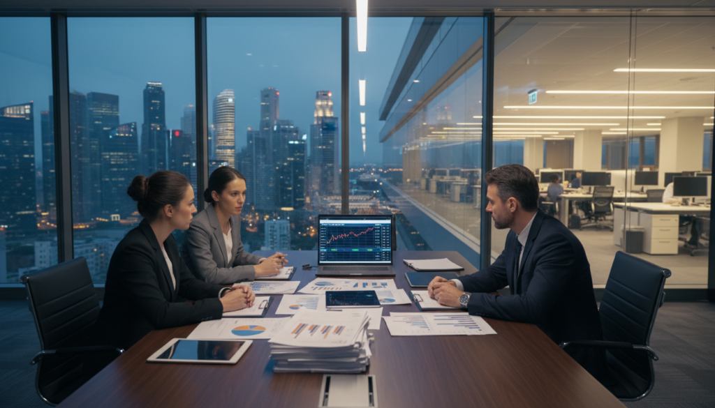 An office boardroom scene showcasing the concept of ownership and control in business investments. In the foreground, a diverse group of three professionals in formal business attire—two men and one woman—are gathered around a sleek, modern table filled with documents, charts, and a laptop displaying financial graphs. The middle ground features a glass wall displaying a city skyline, symbolizing the global nature of investments. In the background, soft ambient lighting highlights an open office area, enhancing a sense of collaboration and strategic discussion. The atmosphere is focused and professional, embodying the seriousness of assessing equity interests. The image is shot from a slightly elevated angle, emphasizing the interaction among the individuals while capturing the dynamic essence of corporate decision-making in Singapore.