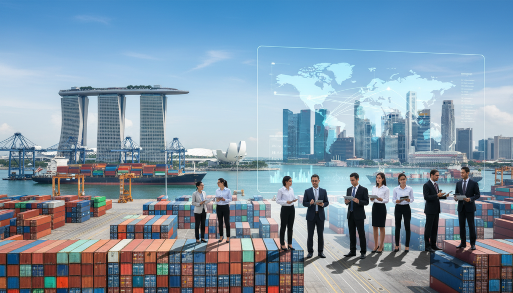 A bustling Singapore trading scene, showcasing a vibrant port filled with colorful shipping containers and modern cargo ships in the foreground. In the middle ground, business professionals in smart business attire engage in discussions, reviewing shipping documents and pointing toward a large digital trade map illuminated by soft lighting. The background features the iconic Singapore skyline, characterized by futuristic skyscrapers and the famous Marina Bay Sands, under a bright blue sky. The atmosphere conveys a sense of dynamism and efficient commerce, capturing the essence of Singapore as a leading hub for trade. Utilize a slightly elevated angle to give a panoramic view of the scene, with a focus on photorealism and rich detail for added realism. A bustling Singapore trading scene, showcasing a vibrant port filled with colorful shipping containers and modern cargo ships in the foreground. In the middle ground, business professionals in smart business attire engage in discussions, reviewing shipping documents and pointing toward a large digital trade map illuminated by soft lighting. The background features the iconic Singapore skyline, characterized by futuristic skyscrapers and the famous Marina Bay Sands, under a bright blue sky. The atmosphere conveys a sense of dynamism and efficient commerce, capturing the essence of Singapore as a leading hub for trade. Utilize a slightly elevated angle to give a panoramic view of the scene, with a focus on photorealism and rich detail for added realism.