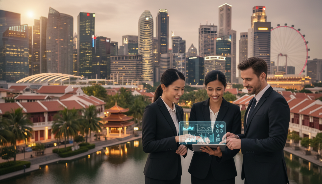 A bustling cityscape of Singapore at dusk, showcasing the iconic skyline with modern skyscrapers and the Marina Bay Sands, blending tradition and innovation. In the foreground, a diverse group of three professionals in smart business attire—Asian, Caucasian, and Indian—are engaged in a discussion while viewing digital financial charts on a tablet. The middle ground features lush greenery and reflective water, enhancing the urban environment. In the background, the vibrant lights of the city illuminate the scene, creating a dynamic atmosphere of ambition and collaboration. Soft, warm lighting highlights the professionals, with a slight bokeh effect on the buildings around them, evoking a sense of opportunity and growth in the venture capital landscape. Photorealistic details bring the image to life, capturing the essence of Singapore as a venture capital hub.
