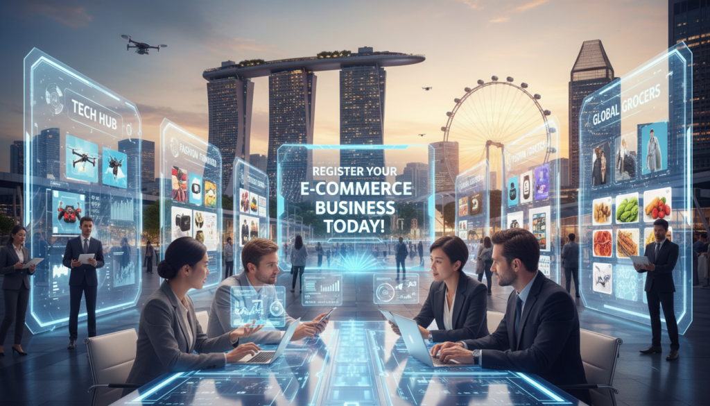 A bustling e-commerce marketplace scene in Singapore, showcasing a vibrant digital economy. In the foreground, a diverse group of professionally dressed individuals, including an Asian woman and a Caucasian man, interact with digital tablets and laptops, discussing online business strategies. In the middle ground, a variety of colorful storefronts display products ranging from electronics to fashion. The background features iconic Singaporean architecture such as Marina Bay Sands and the Singapore Flyer, illuminated by soft, warm evening light. The atmosphere is energetic yet focused, conveying a sense of innovation and growth in the e-commerce sector. Use a wide-angle lens to capture the depth of the marketplace, emphasizing the blend of technology and commerce. The overall mood is inspiring and forward-thinking, highlighting the importance of registering e-commerce businesses for success. A bustling e-commerce marketplace scene in Singapore, showcasing a vibrant digital economy. In the foreground, a diverse group of professionally dressed individuals, including an Asian woman and a Caucasian man, interact with digital tablets and laptops, discussing online business strategies. In the middle ground, a variety of colorful storefronts display products ranging from electronics to fashion. The background features iconic Singaporean architecture such as Marina Bay Sands and the Singapore Flyer, illuminated by soft, warm evening light. The atmosphere is energetic yet focused, conveying a sense of innovation and growth in the e-commerce sector. Use a wide-angle lens to capture the depth of the marketplace, emphasizing the blend of technology and commerce. The overall mood is inspiring and forward-thinking, highlighting the importance of registering e-commerce businesses for success.