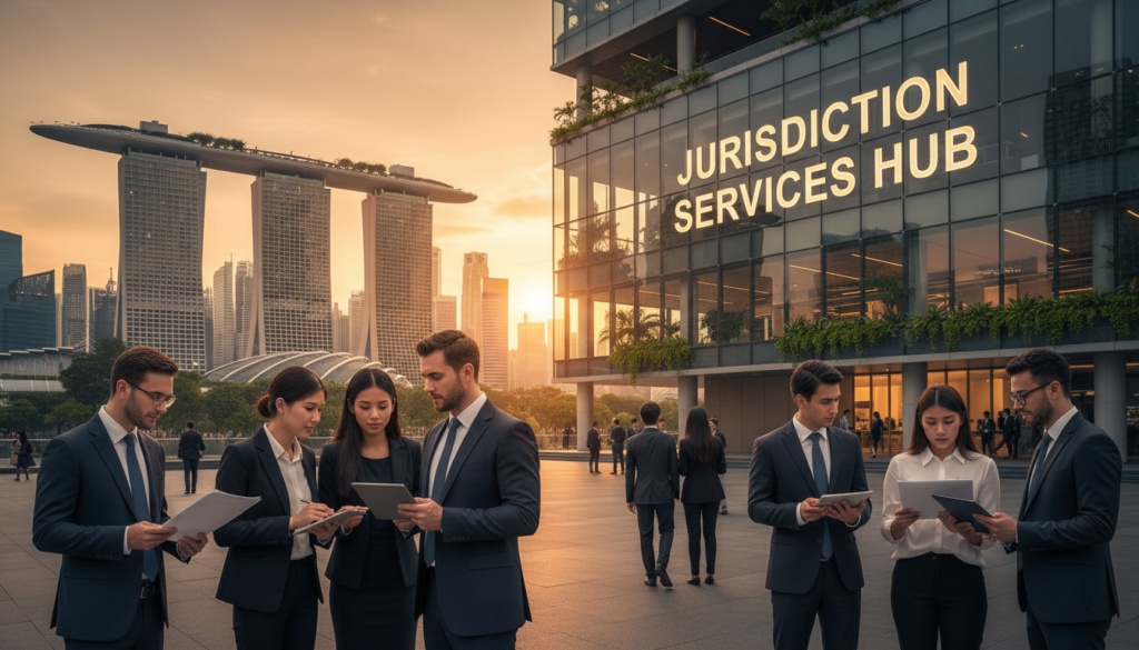 A bustling jurisdiction services hub representing Singapore's prominence in private equity, capturing the essence of a modern financial district. In the foreground, professional individuals in business attire engaged in discussions, reviewing documents, and using digital devices, portraying collaboration and innovation. The middle ground features a sleek, glass-fronted building labeled "Jurisdiction Services Hub," reflecting the skyline and showcasing greenery integrated into the design. In the background, iconic landmarks like Marina Bay Sands and the skyline of Singapore, bathed in warm, natural daylight. The atmosphere is vibrant yet professional, symbolizing a thriving financial ecosystem. The composition will be photorealistic, focusing on sharp details, dynamic lighting, and a balanced angle that emphasizes both the hub's architecture and the activity around it. A bustling jurisdiction services hub representing Singapore's prominence in private equity, capturing the essence of a modern financial district. In the foreground, professional individuals in business attire engaged in discussions, reviewing documents, and using digital devices, portraying collaboration and innovation. The middle ground features a sleek, glass-fronted building labeled "Jurisdiction Services Hub," reflecting the skyline and showcasing greenery integrated into the design. In the background, iconic landmarks like Marina Bay Sands and the skyline of Singapore, bathed in warm, natural daylight. The atmosphere is vibrant yet professional, symbolizing a thriving financial ecosystem. The composition will be photorealistic, focusing on sharp details, dynamic lighting, and a balanced angle that emphasizes both the hub's architecture and the activity around it.
