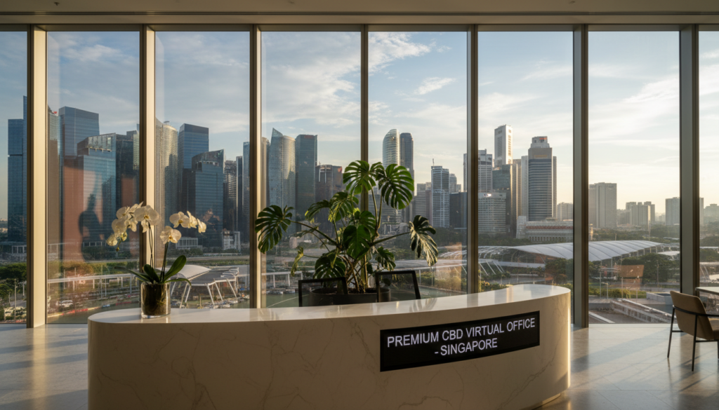 A bustling view of a premium CBD virtual office address in Singapore, showcasing elegant skyscrapers and modern architecture that represent the city's vibrant business districts. In the foreground, a sleek reception area with a stylish desk and lush indoor plants, exuding professionalism. In the middle, large windows reveal an impressive skyline filled with iconic buildings like Marina Bay Sands, bathed in warm afternoon sunlight, creating a welcoming atmosphere. The background features the crisp blue sky, enhancing the city's modernity. The image captures the essence of a dynamic trading environment, conveying success and innovation, with shadows adding depth and highlighting reflections on glass surfaces, creating a photorealistic scene. A bustling view of a premium CBD virtual office address in Singapore, showcasing elegant skyscrapers and modern architecture that represent the city's vibrant business districts. In the foreground, a sleek reception area with a stylish desk and lush indoor plants, exuding professionalism. In the middle, large windows reveal an impressive skyline filled with iconic buildings like Marina Bay Sands, bathed in warm afternoon sunlight, creating a welcoming atmosphere. The background features the crisp blue sky, enhancing the city's modernity. The image captures the essence of a dynamic trading environment, conveying success and innovation, with shadows adding depth and highlighting reflections on glass surfaces, creating a photorealistic scene.
