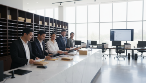 A busy mail handling service environment featuring a clean, modern office space. In the foreground, a diverse group of professional individuals in smart business attire is sorting through packages and envelopes at a sleek reception desk. They are engaged and focused, showcasing teamwork. In the middle ground, shelves are lined with neatly organized mail and parcels, and an array of day-to-day business support tools, like computers and printers, can be seen. The background features large windows allowing natural light to stream in, highlighting the efficient atmosphere. The overall mood is professional and energetic, with clear lighting creating a bright and welcoming environment. The scene should convey a sense of reliability, efficiency, and modernity, without any text or distractions.