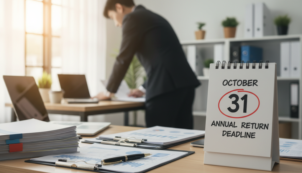 A close-up, photorealistic depiction of a calendar marked with a prominent red circle around a specific date, symbolizing an important deadline. In the foreground, a professional-looking desktop filled with documents, a laptop, and a pen, suggesting a busy office environment. In the middle ground, a blurred silhouette of a businessperson in smart attire, intently reviewing papers, indicating urgency and focus. The background showcases a neatly organized office with soft natural lighting filtering through a window, creating a calm atmosphere despite the looming deadline. The composition conveys a sense of responsibility and diligence, emphasizing the importance of meeting annual return deadlines in a corporate setting. A close-up, photorealistic depiction of a calendar marked with a prominent red circle around a specific date, symbolizing an important deadline. In the foreground, a professional-looking desktop filled with documents, a laptop, and a pen, suggesting a busy office environment. In the middle ground, a blurred silhouette of a businessperson in smart attire, intently reviewing papers, indicating urgency and focus. The background showcases a neatly organized office with soft natural lighting filtering through a window, creating a calm atmosphere despite the looming deadline. The composition conveys a sense of responsibility and diligence, emphasizing the importance of meeting annual return deadlines in a corporate setting.