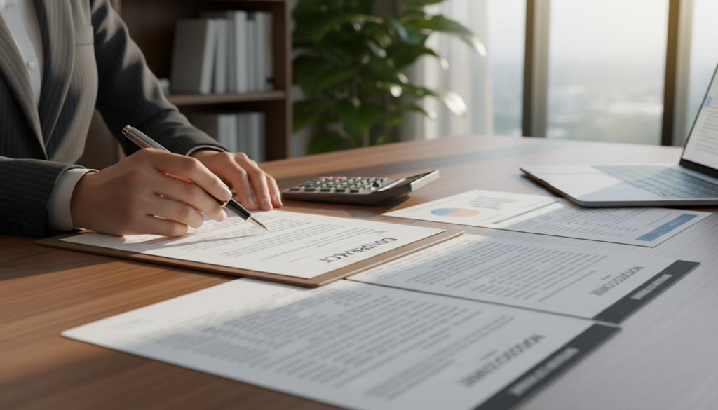 A close-up view of transaction documents arranged on a sleek wooden desk, showcasing a contract, financial statements, and a non-disclosure agreement. The foreground features a pair of elegant, polished hands in a professional business attire, holding a pen poised to sign a document. In the middle, the documents are well-organized, with a small calculator and a laptop partially visible, indicating an active business environment. The background shows soft-focus details of an office setting, including an indoor plant and a bookshelf filled with business books. The lighting is warm and inviting, casting soft shadows, creating a focused yet professional atmosphere, with an emphasis on clarity and organization. The overall mood conveys diligence and preparation for significant business transactions, emphasizing professionalism and care.