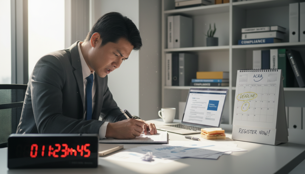 A cluttered desk in a contemporary office setting, featuring an open calendar with highlighted dates indicating critical ACRA registration deadlines. The foreground includes a detailed close-up of a digital clock showing a countdown, symbolizing urgency. In the middle, a professional-looking individual, dressed in a smart business suit, is intently writing notes on a notepad, with a worried expression indicating the stress of potential missed deadlines. The background reveals a well-organized workspace with legal documents and a laptop displaying a registration webpage. Natural lighting streams in through a window, casting soft shadows, creating a focused and tense atmosphere that captures the importance of timely registration.