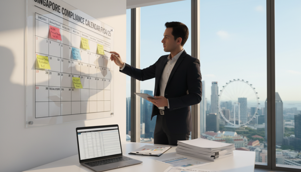 A detailed and organized corporate compliance calendar displayed in a modern office setting, emphasizing key dates and trigger events specific to Singapore. In the foreground, a sleek desk equipped with a laptop and compliance documents, alongside a well-structured wall calendar marked with colorful sticky notes indicating crucial deadlines. In the middle ground, a professional in business attire is thoughtfully examining the calendar, highlighting a focus on compliance. The background features a glass window showcasing Singapore's iconic skyline, symbolizing a corporate atmosphere. Natural light filters through, creating a soft, inspiring glow that evokes a sense of responsibility and diligence in corporate governance. Photorealistic style with clear attention to detail and professionalism.